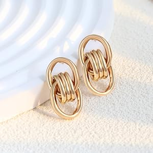 gold-colored geometric knot link drop dangle earrings