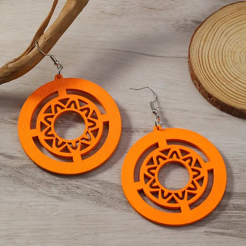 bohemian retro style hollow wooden earrings