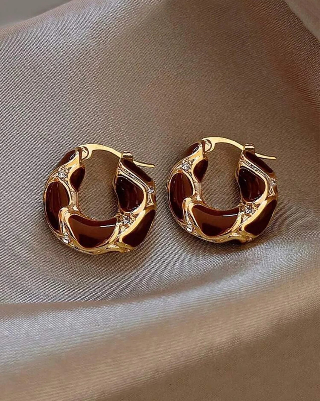 Vintage Tiger's-Eye Stone Bead Round U-Shaped Hoop Earrings