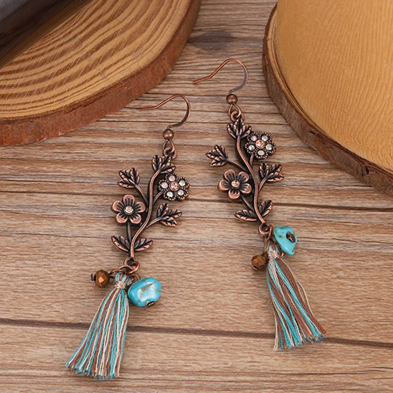 Vintage Bronze Round Stone Inlaid Earrings