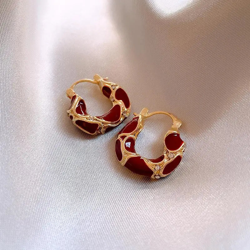 Vintage Tiger's-Eye Stone Bead Round U-Shaped Hoop Earrings