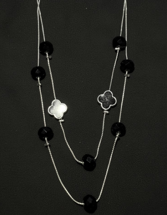 Black Bead & Clover Charm Layered Necklace