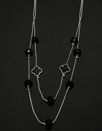 Black Bead & Clover Charm Layered Necklace