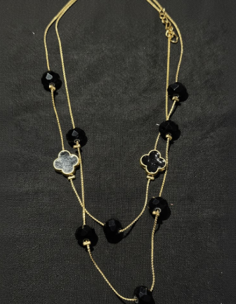 Black Bead & Clover Charm Layered Necklace