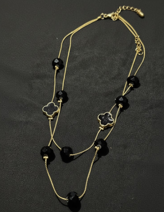 Black Bead & Clover Charm Layered Necklace