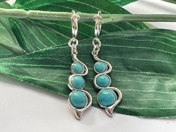 Turquoise Drop Hoop Dangle Clip on Earrings