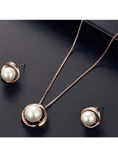 Pearl Stone Rose Gold Necklace and Earrings