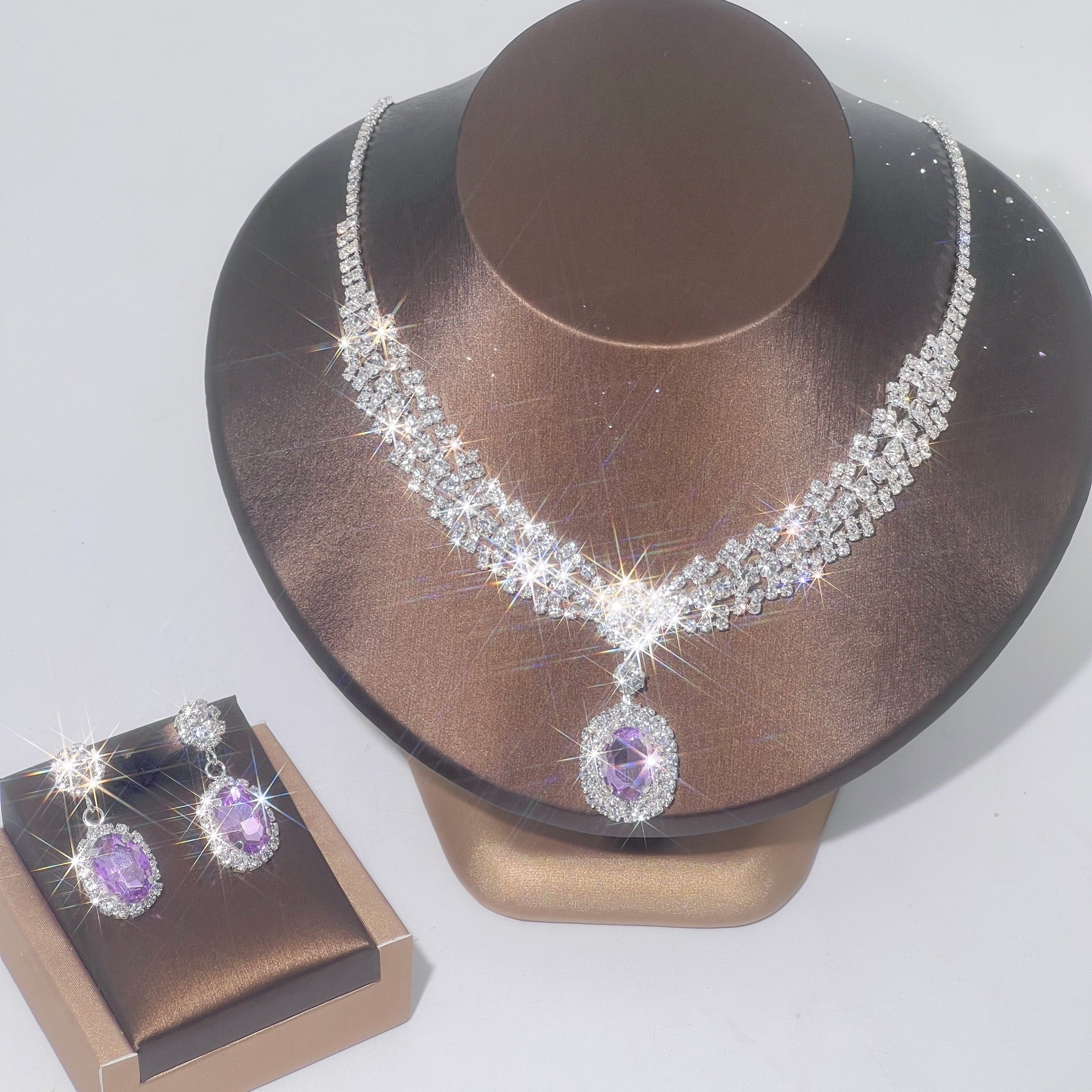 Elegant Purple Gemstone Necklace & Earrings Jewelry Set for Women