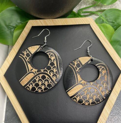 vintage tribal carved solid wood hoop earrings women