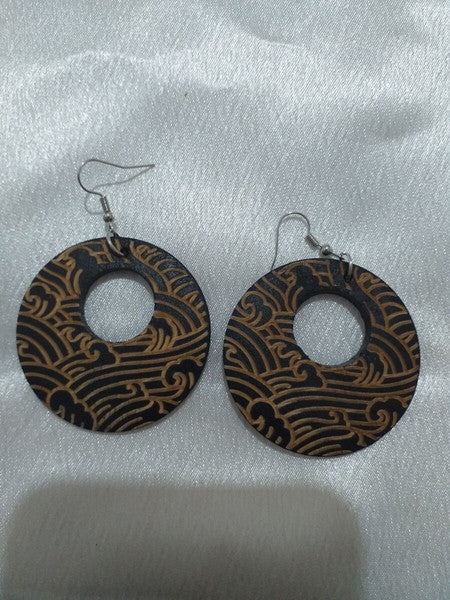 Vintage Dark Brown Wooden Engraved Earrings