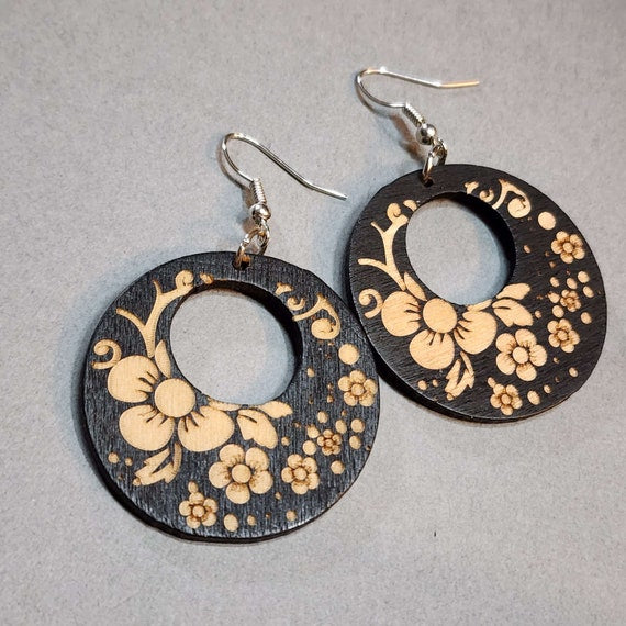 Boho Black Wood Floral Circle Earrings with Metal Inlays