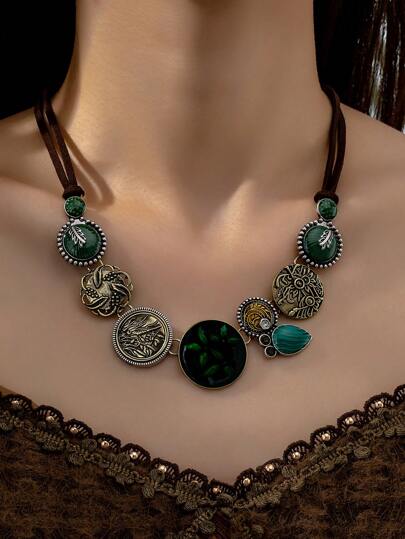Vintage Bohemian Floral Statement Necklace with Baked Oil Detailing
