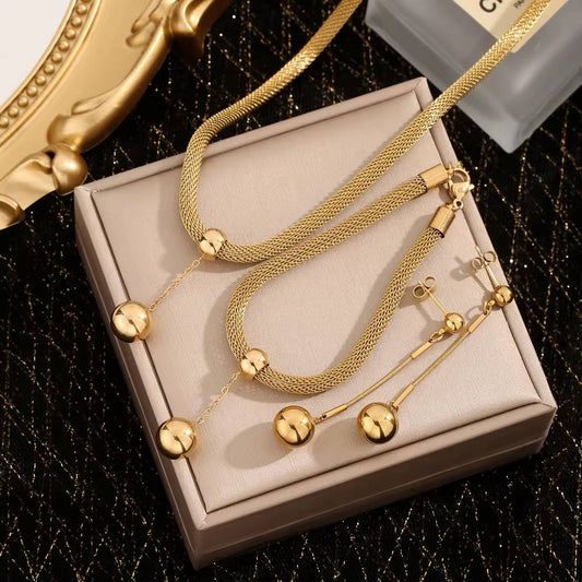 Ball drop Golden Earrings, Bracelet and Necklace Set