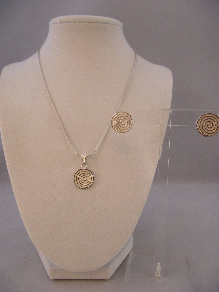 Sterling Silver Spiral Medallion Pendant Necklace & Earrings Set