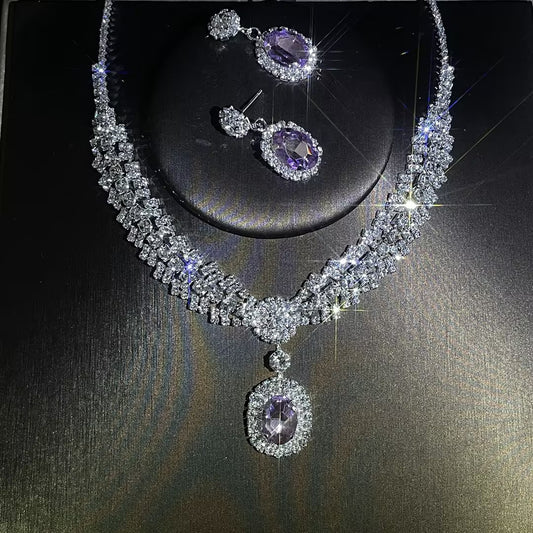 Elegant Purple Gemstone Necklace & Earrings Jewelry Set for Women