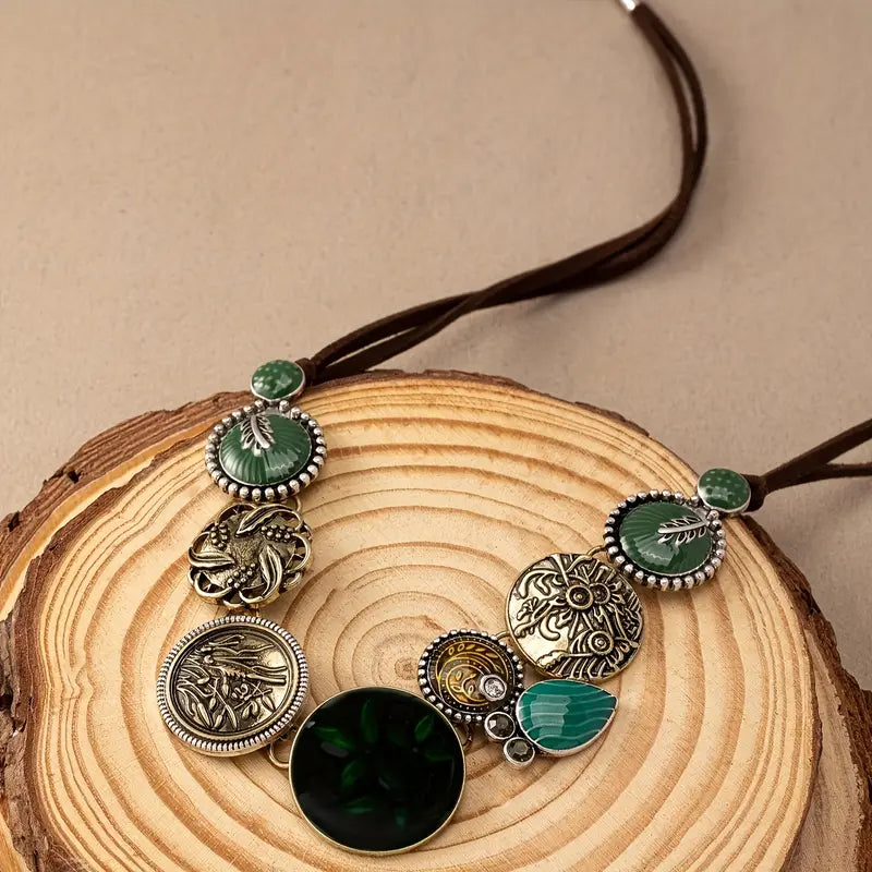 Vintage Bohemian Floral Statement Necklace with Baked Oil Detailing